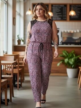 Ikat Jumpsuit Plus Size Coral with Lace Yoke Defect*